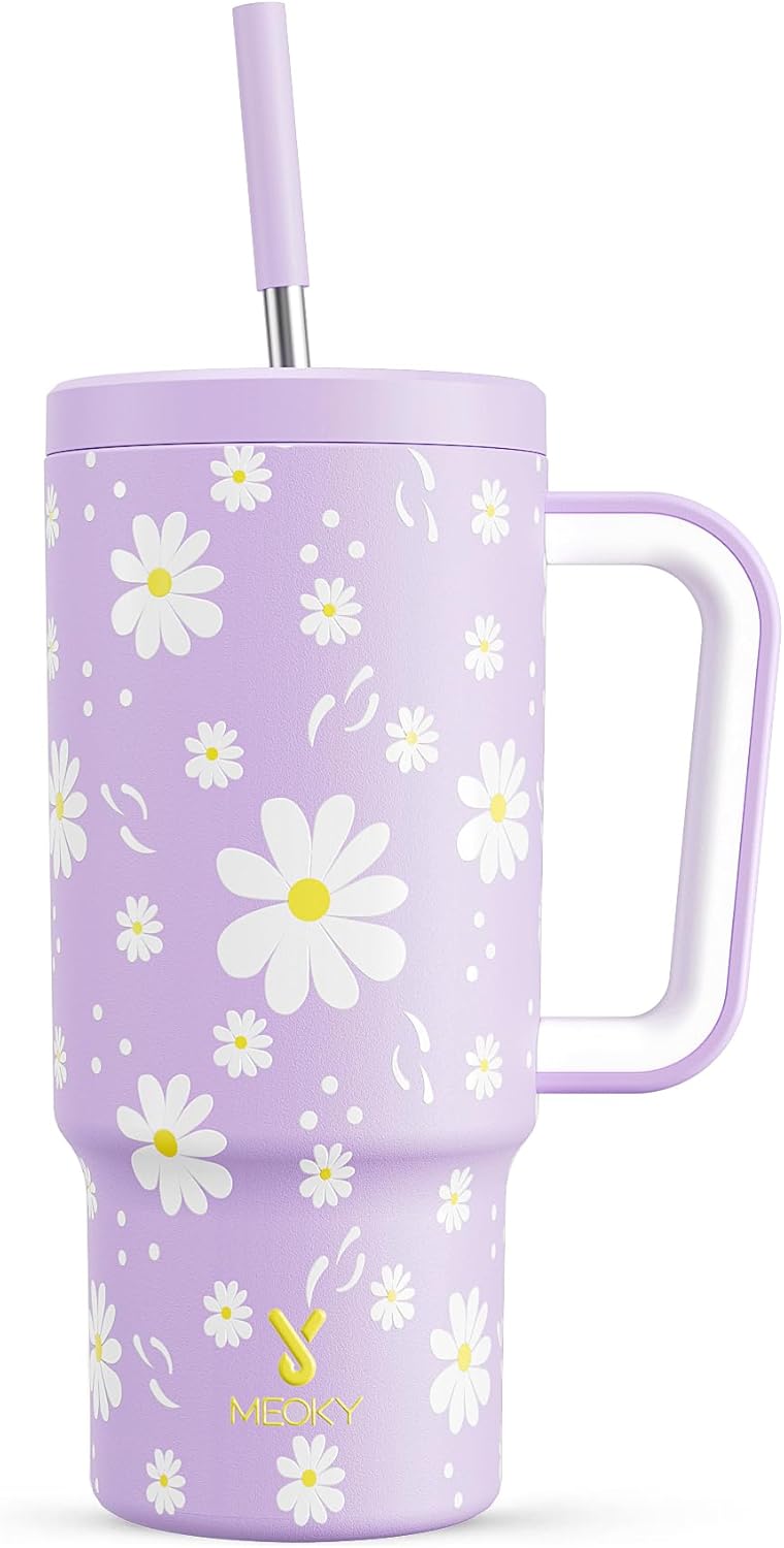 Meoky 24 oz Tumbler with Handle for Kids: Stainless Steel Insulated Tumbler with Handle – Keeps Cold for 24 hours – 100% Leakproof – BPA-Free for Travel Car Cupholders – Girls Students, Purple Daisy