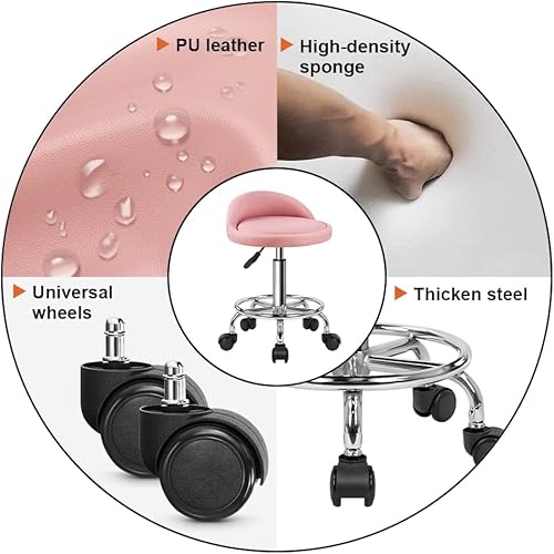 Vista 20 de KKTONER Taburete rodante redondo de cuero sintético con reposapiés, altura ajustable, giratoria, trabajo, spa, silla de tareas con ruedas (negro)