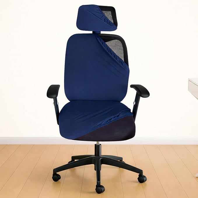 3 Piece Navy Blue Office Chair Cover with Headrest Cover Stretchable Stain Proof Office Computer Desk Executive Rotating Seat Covers Slipcover Protector for Office Chair (Pack of 1)