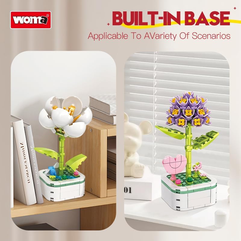 Close-up of two assembled WOMA flower pots, one white and one purple, showing the built-in base design.