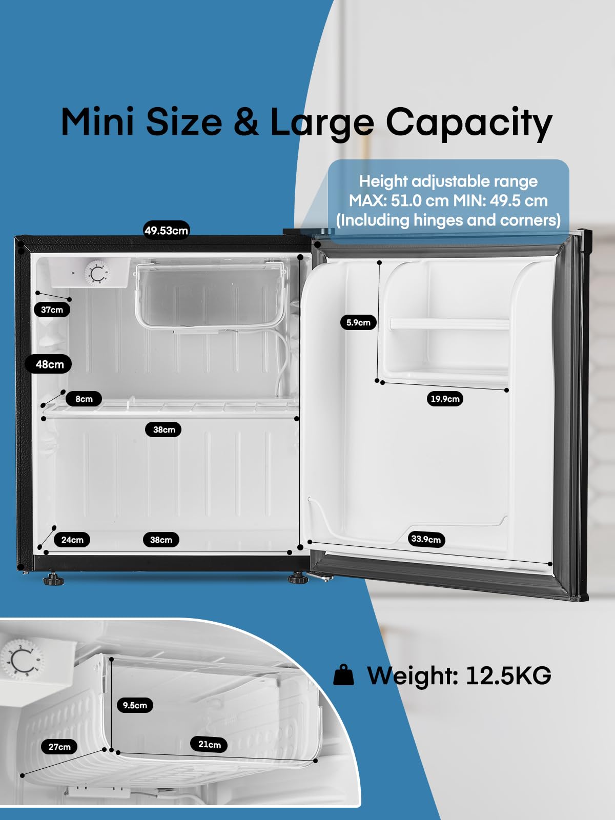 FOHERE Mini Frigorífico Bar 46L, Nevera Pequeña Silencioso, Control de Temperatura Regulable, Mono Puerta, Puerta Reversible, Bajo Consumo para Aplicaciones en Hotel, Hogar, Oficina, Negro