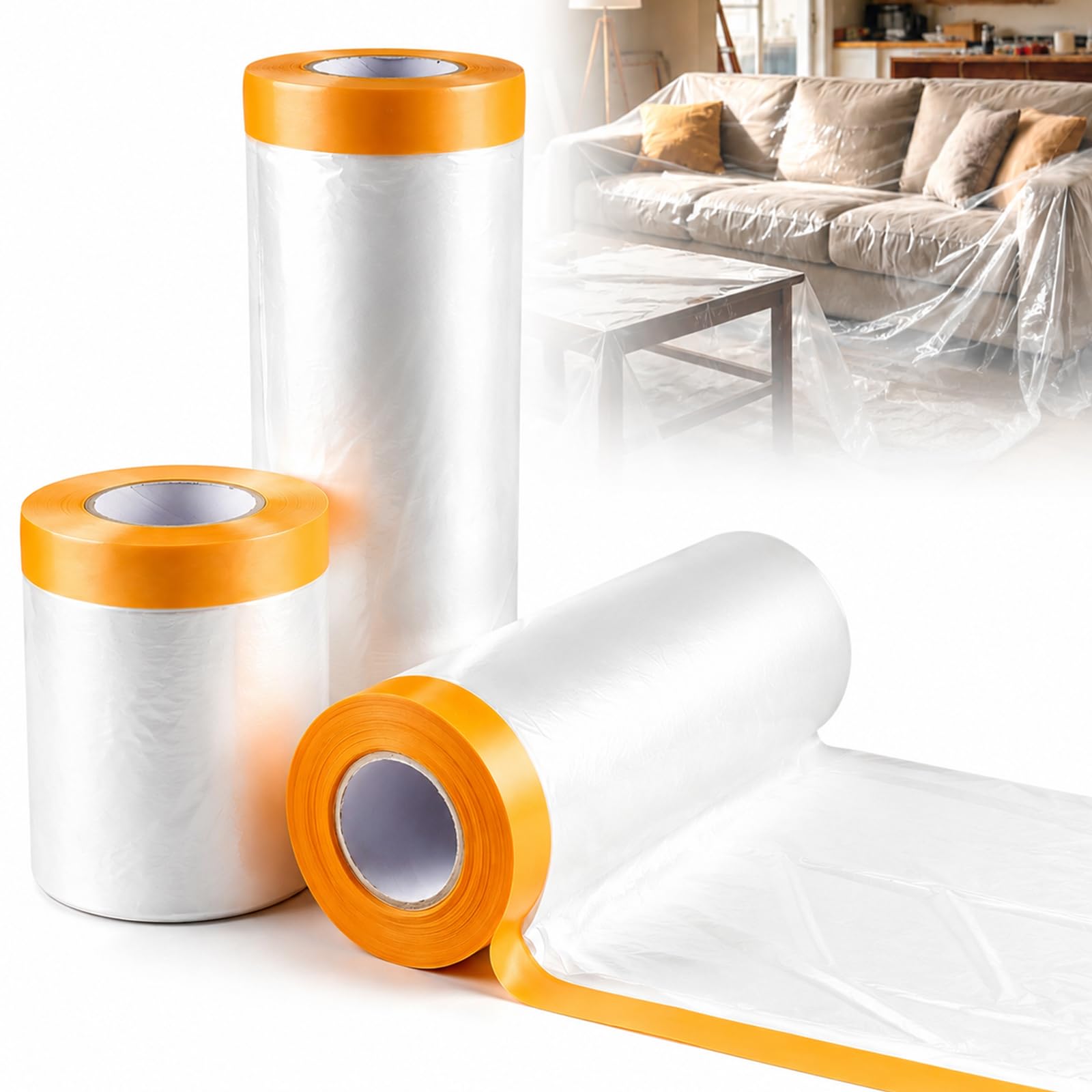 FengXKYuan 3Rolls Pre-Taped Masking Film Plastic Dust Sheets Self Adhesive