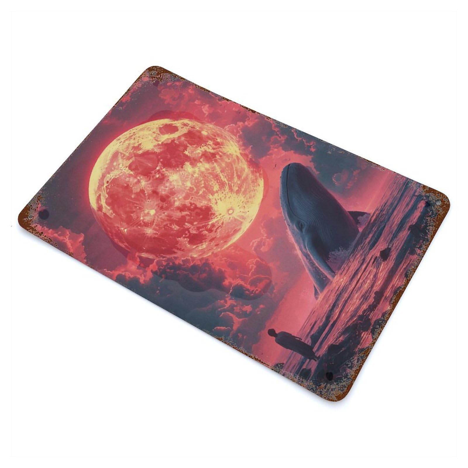 Aged Metal Wall Plaque with Whale And Blood Moon Design 11.8"x7.9", for Cafe, Home Bar And Lounge Decor, Novelty Wall Decor
