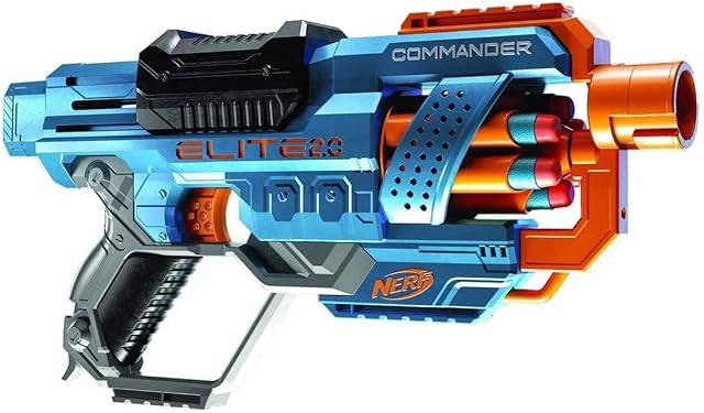 Wyrzutnia Nerf Elite 2.0 Commander RD-6, 12 oryginalnych strzałek Nerf, 6-strzałkowy magazynek obrotowy, szyny na akcesoria, miejsca mocowania lufy i kolby.