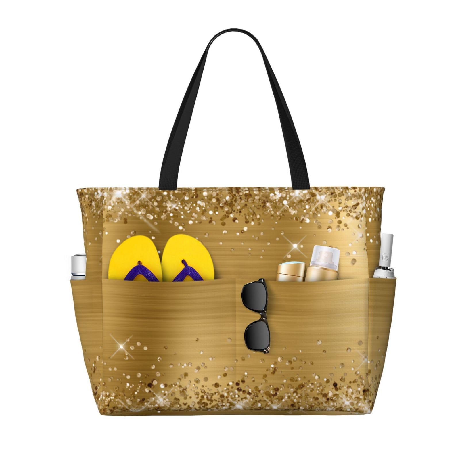 WFTTFOU Glittery Gold Foil Beach Bag Women Tote Bag Pool Bag With Zipper For Gym Grocery Travel With Wet Pocket, Black