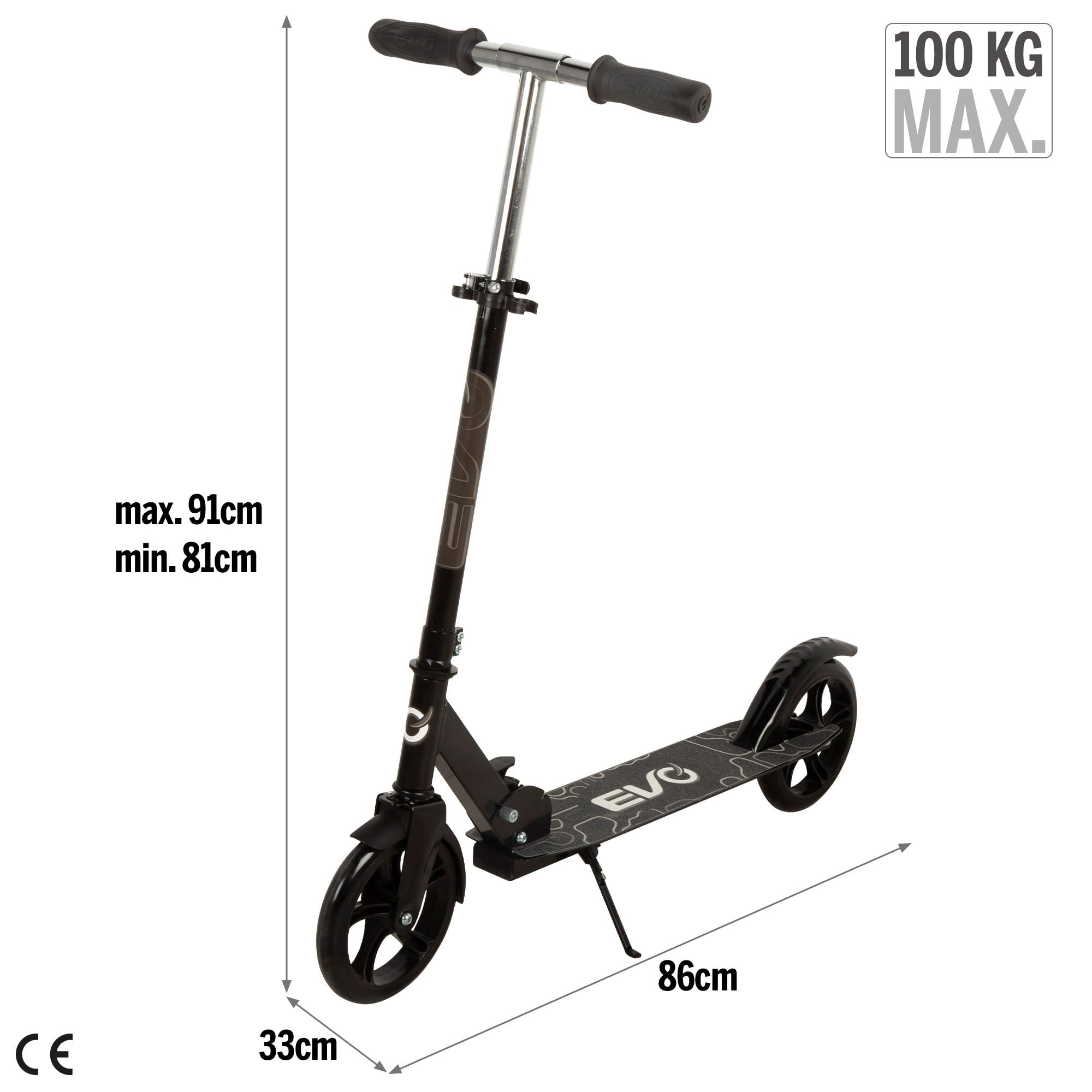 ColorBaby EVO Patinete Infantil 2 Ruedas, Negro, Altura 81-91 cm, Plegable, Freno Trasero, Soporte Lateral, Base Antideslizante, Máx. 100 kg, Juguetes niños 8 años, Patinetes Infantiles (54347)