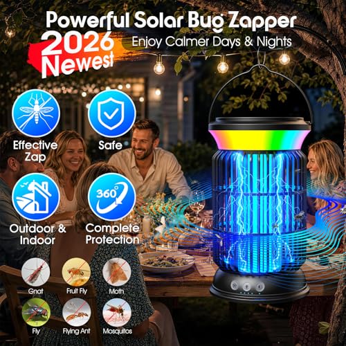 Image of Solar Bug Zapper Outdoor - Powerful Electric Bug Zapper with 4-in-1 Modes, Cordless & Rechargeable Insect Zapper, IP66 Waterproof Mosquito Zapper for Camping & Indoor Use