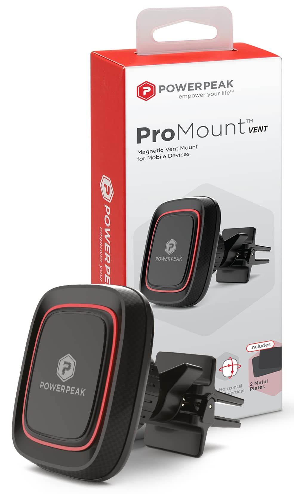 POWERPEAK Car Phone Holder Mount, Magnetic Vent Mount, Easy Mointing and Realease Phone Mount for Car, Fits Smartphones - Black and Red Line