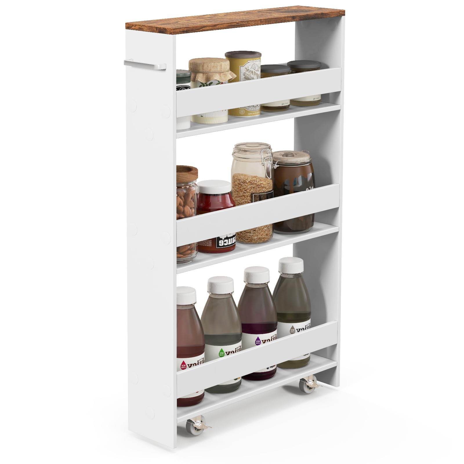 GYMAX Carrelli Portaoggetti a 4 Ripiani, Carrello con Ruote Salvaspazio con Maniglia, Carrello a Scaffale Slim Stretto in Legno per Cucina, Bagno, Lavanderia, 47,5 x 13 x 80,5 cm (Bianco+Marrone)