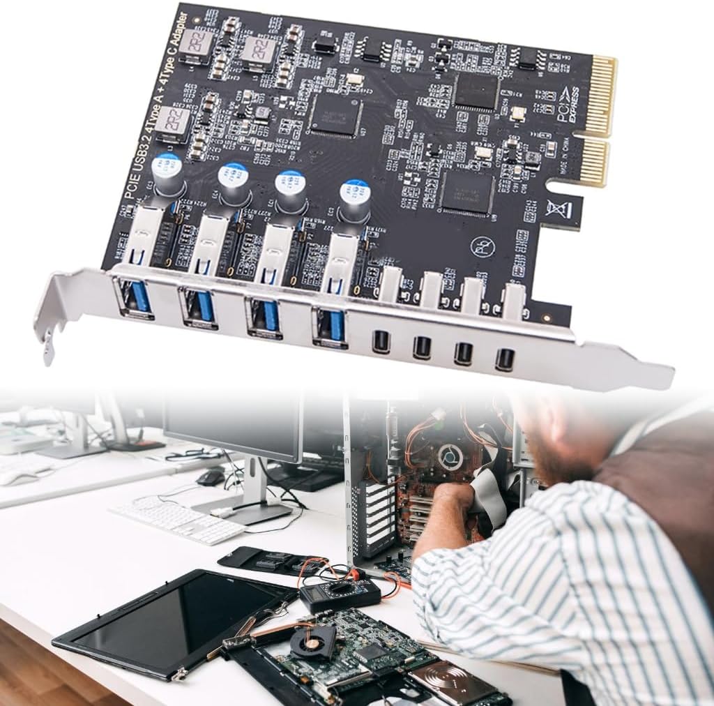 PCIe to 4 USB 3.2 and 4 Type C Port Expansion Adapter Card 20Gbps Fast Transfer