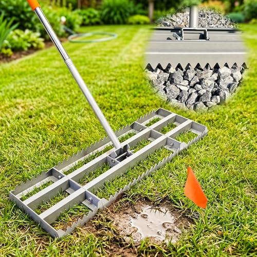 Lawn Leveling Rake 2-in-1 Double-Sided Landscape Leveler with 20 Marking Flags for Low Spot 3010 Heavy Duty Stainless Steel Flat & Serrated Side for Soil Sand Gravel Yard Garden Golf Course