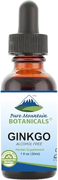 Pure Mountain Botanicals Gingko Biloba Liquid Extract Drops Alcohol Free Tincture of Wild Harvest Ginkgo Biloba Leaf Supplement