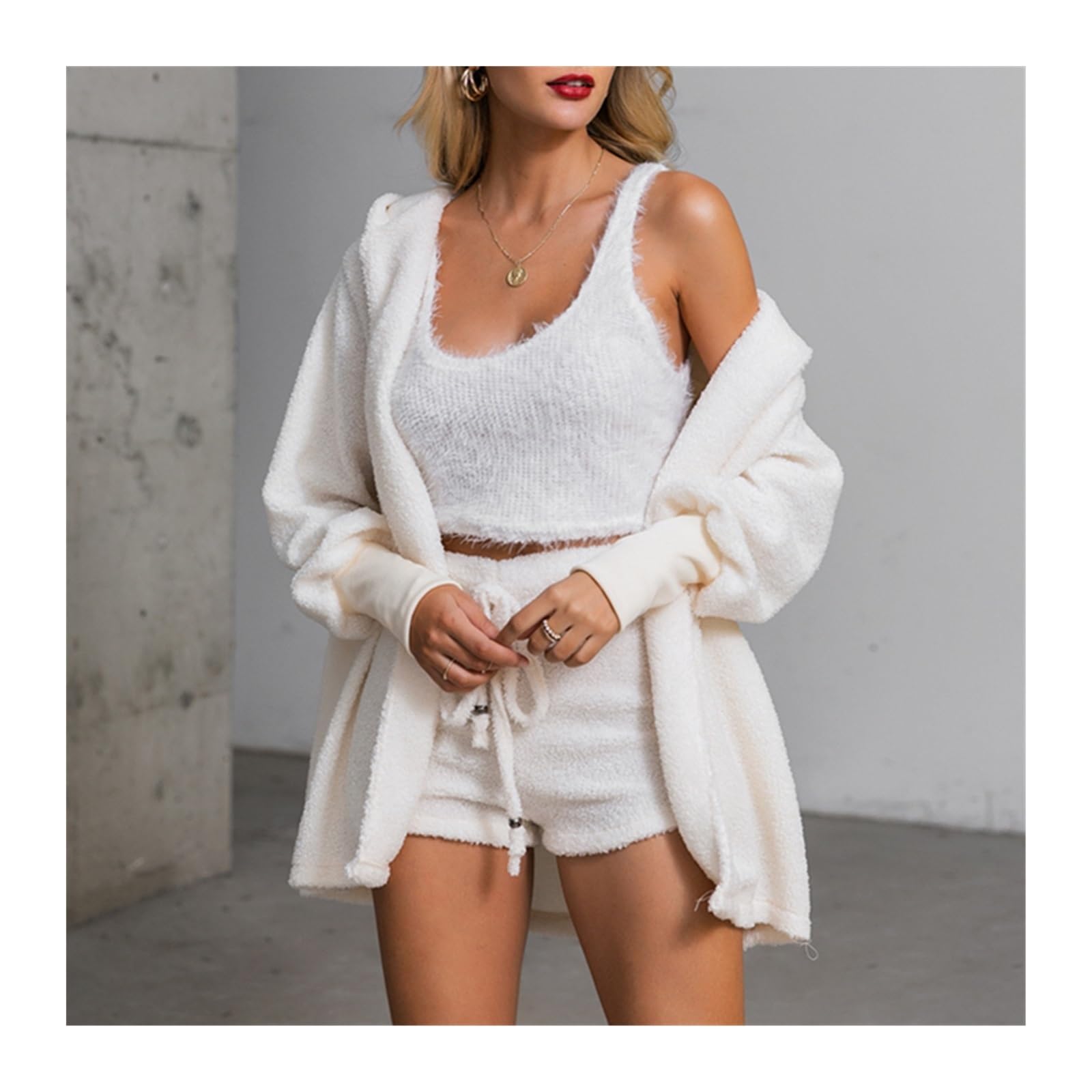 Conjunto de Pijama Mullido de 3 Piezas para Mujer Conjuntos de 3 piezas for mujer, cárdigan con capucha de lana de felpa, abrigo, Top corto, pantalones cortos de motorista, chándal informal, sudaderas