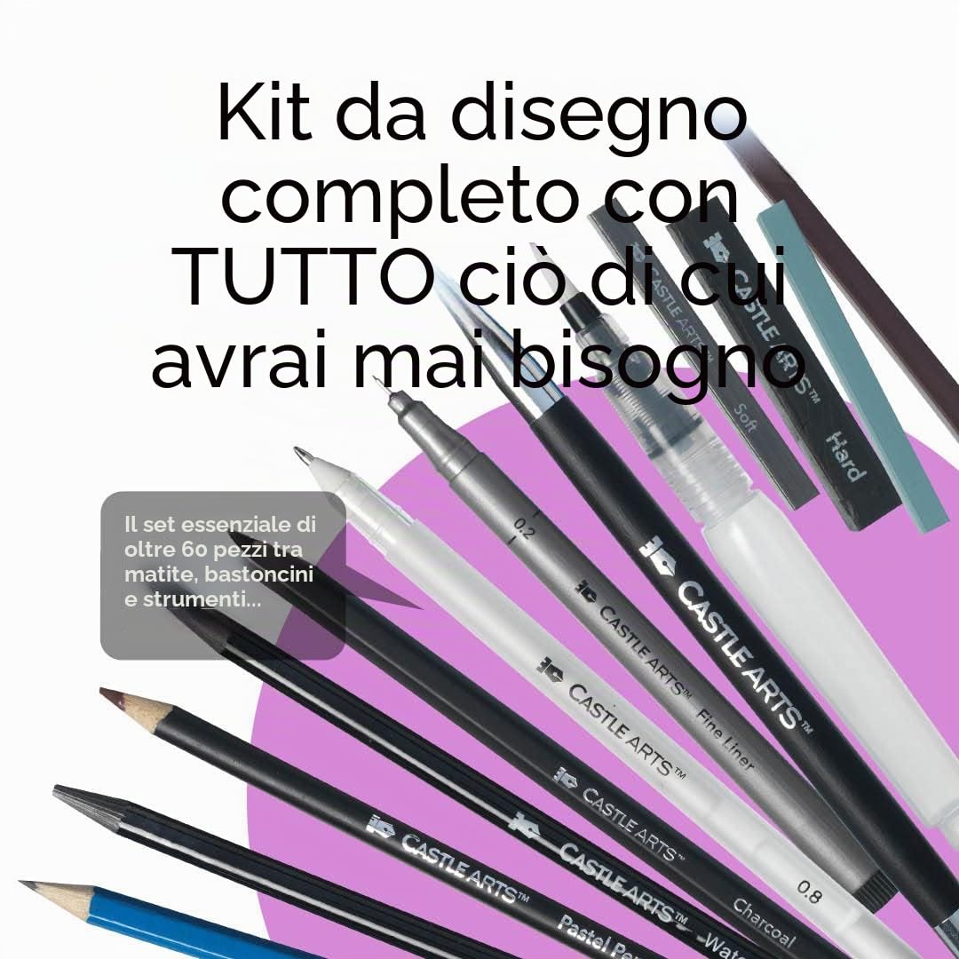 Castle Art Supplies Set da 60 pezzi di disegno e disegno | Grafite, matite solubili in acqua + bastoncini, fineliners | per artisti professionisti e adulti | in custodia con zip