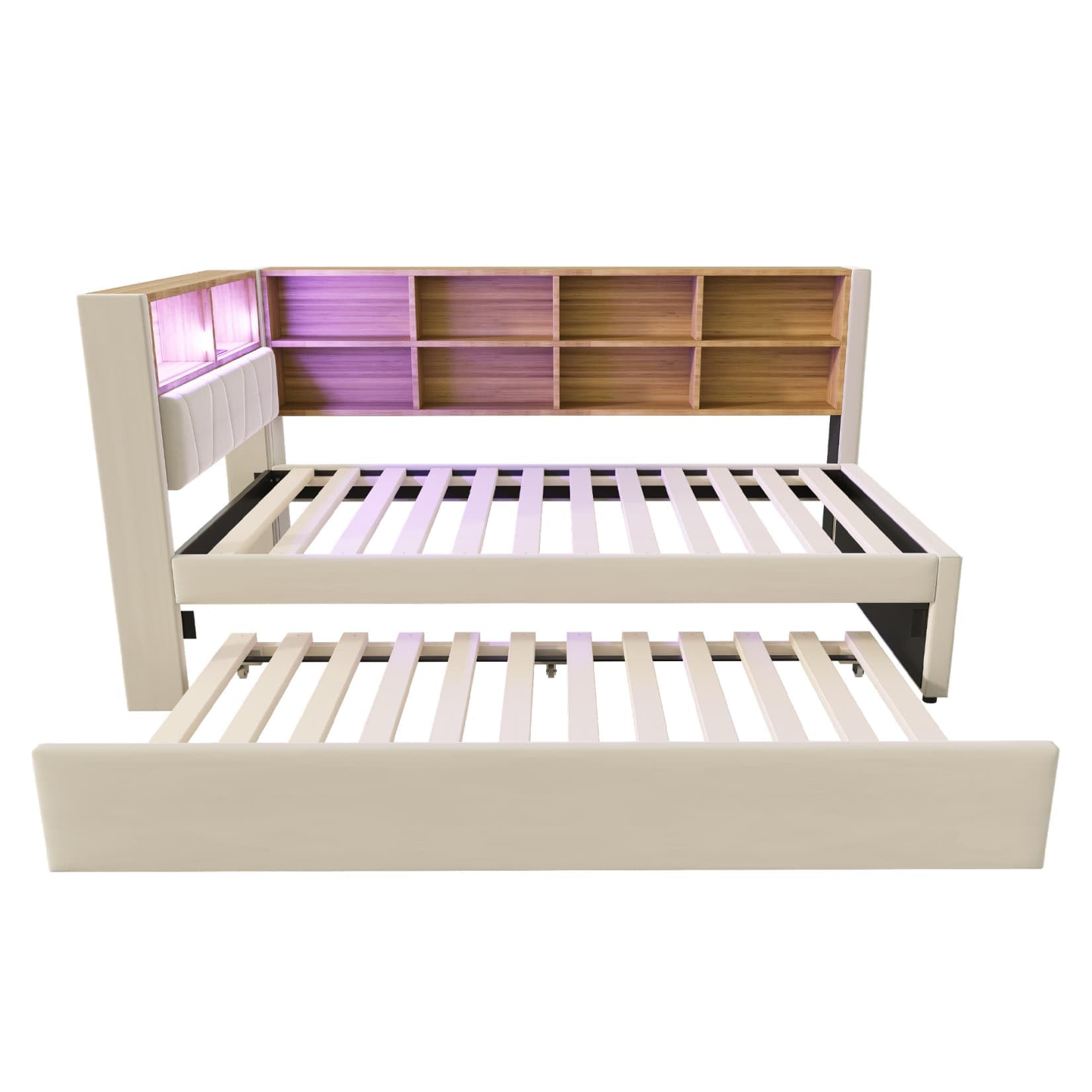 PUGSDRLY Lit 1 Place 90x200cm avec lit gigogne 90x190 et Compartiments de Rangement,Canapé Lit avec Lampes LED,Prise électrique et Port USB,pour Enfant Adolescent Adulte,sans Matelas (beige-90B)