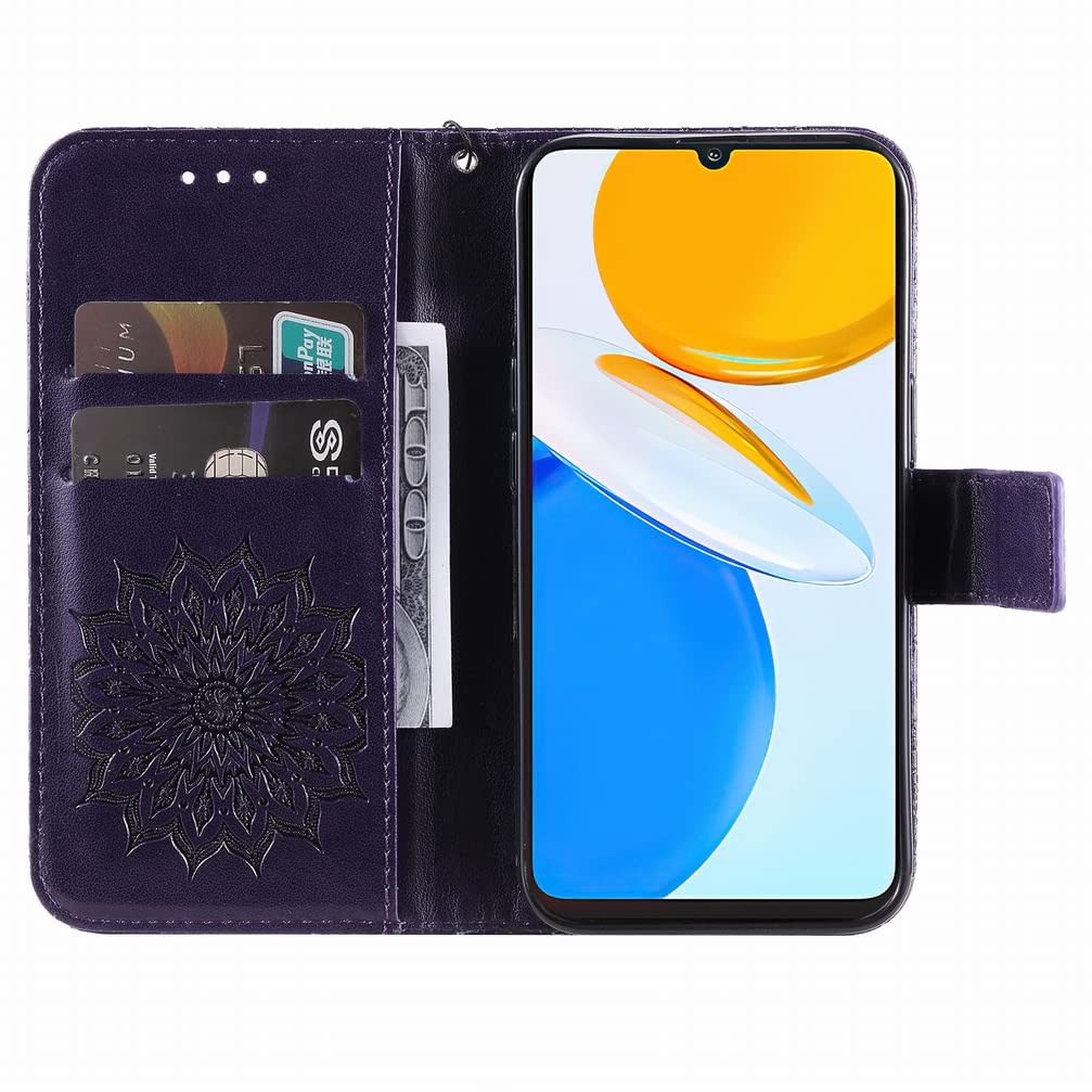 LEMORRY Honor X7, Leather Case for Honor X7, TPU Silicone Cover [Card Holder] Wallet Case for Honor X7, Flower (Purple)