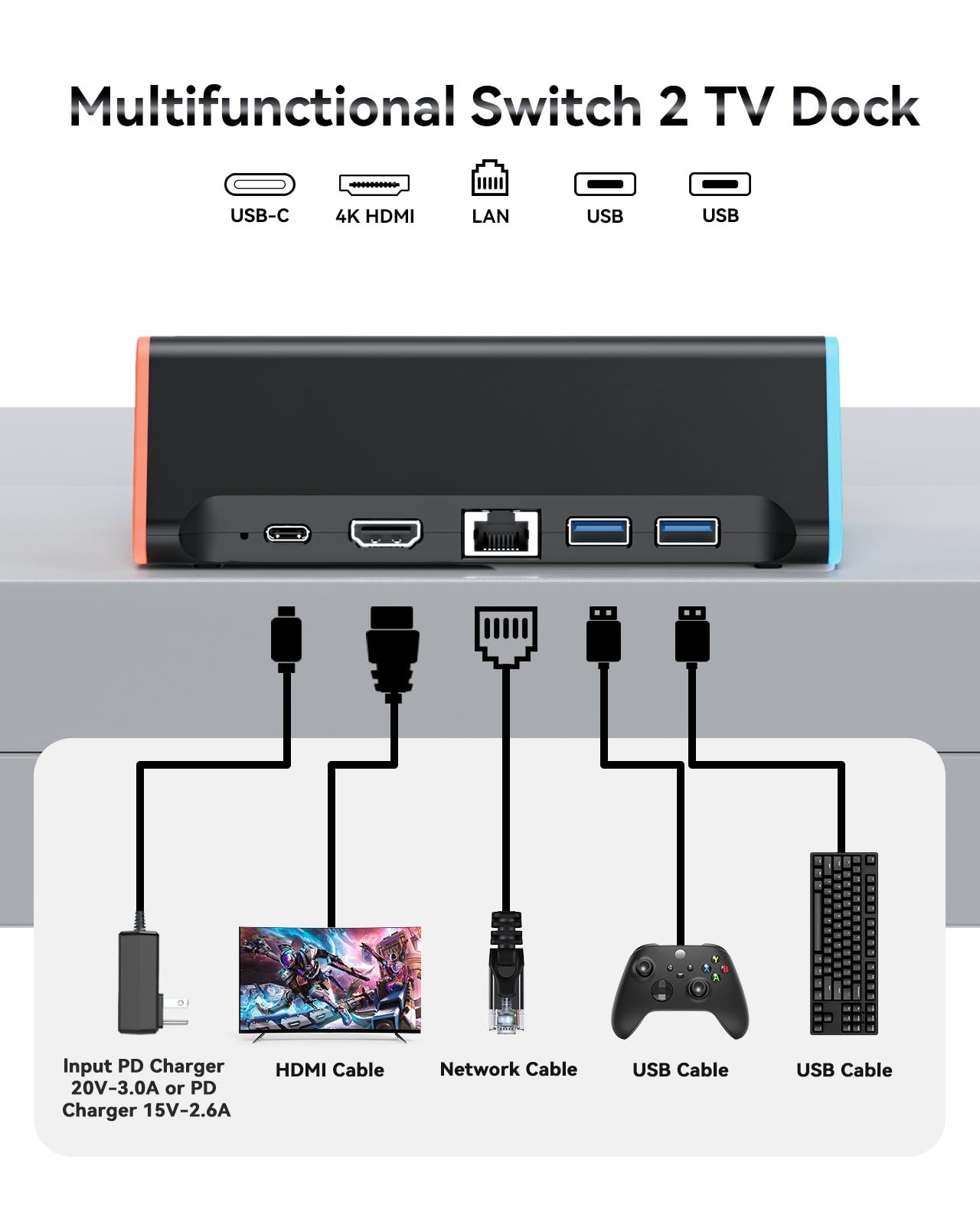 Switch 2 Base de TV con HDMI 4K a 60Hz 2.0A, 2 puertos USB 3.0, puerto LAN Ethernet, interruptor 2 TV PD 100W adaptador de corriente para juegos y carga