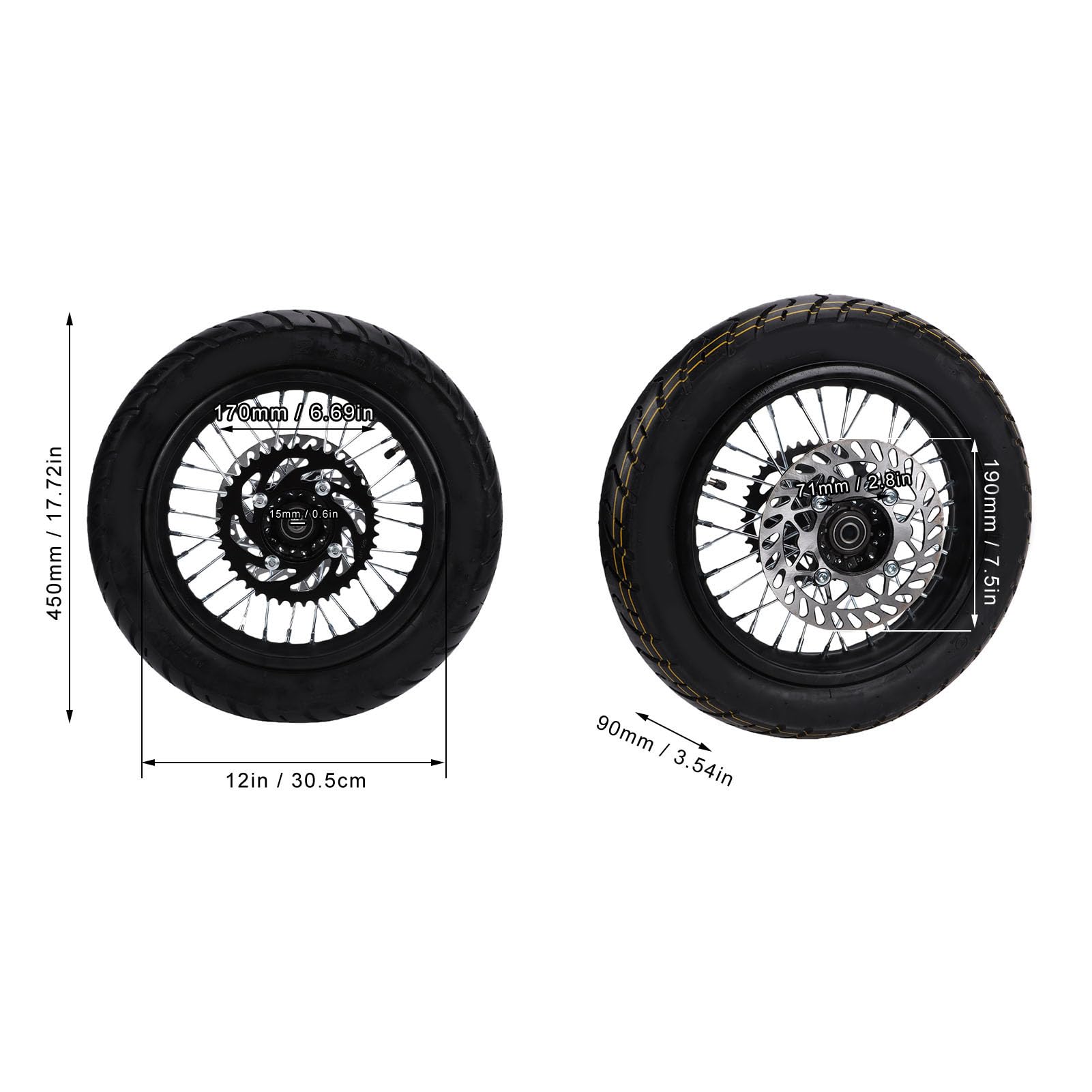 Yctze Ruota Posteriore Completa, Cerchio con Pneumatico 90 90 12, Asse da 15 Mm, for Scooter Elettrico | Disco freno 190 mm e pignone 420 41T per pit bike Apollo SSR XR CRF Kayo KLX