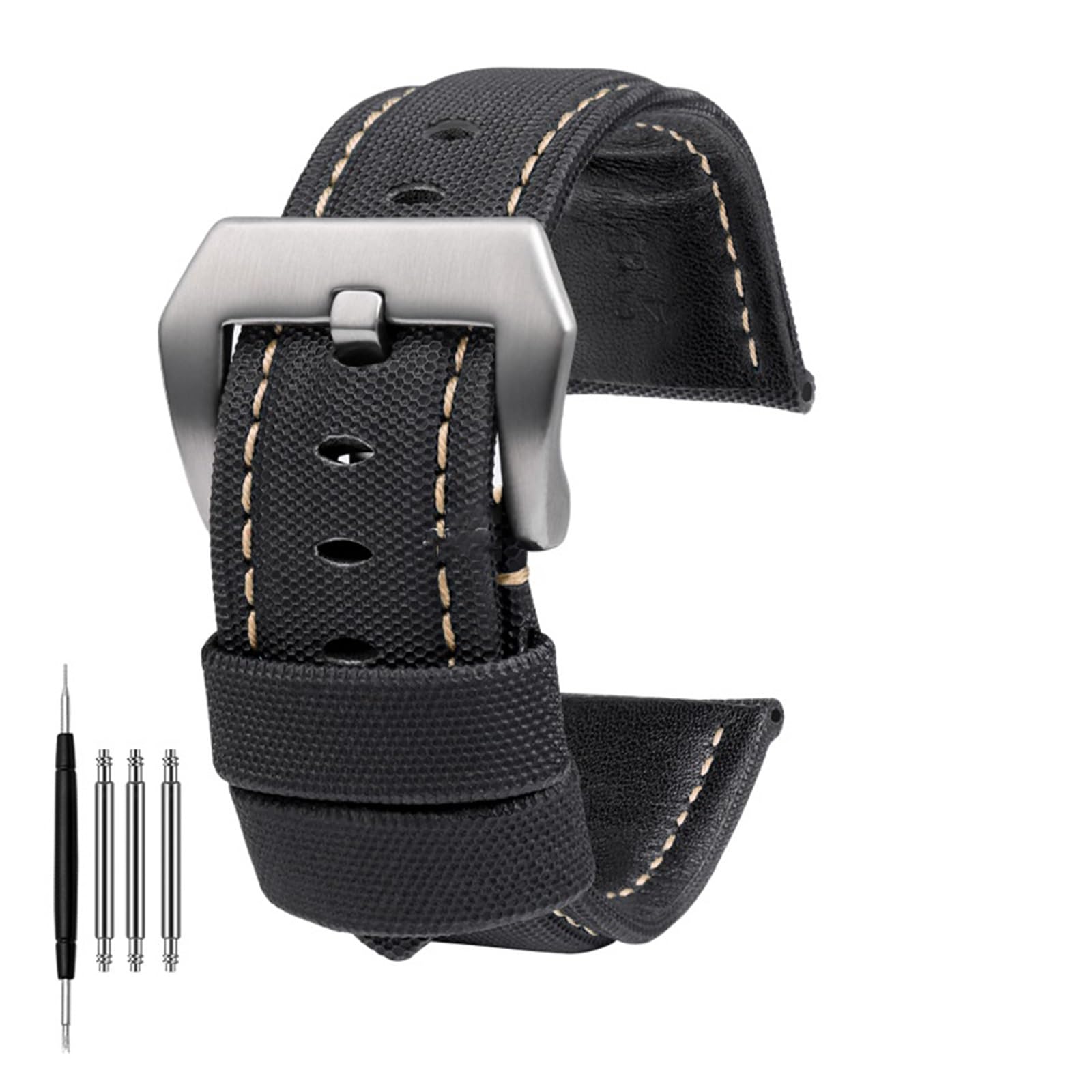 Generico Cinturino in pelle con trama in nylon da 22 mm 24 26 | Compatibile con gli accessori for orologi Panerai PAM01661 441 Marina Watch Strap Black Blue Line