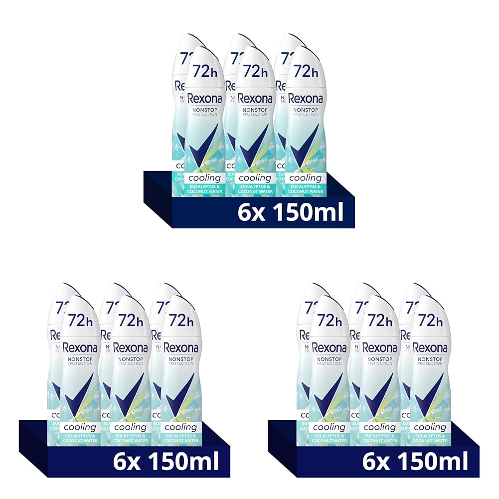 Rexona Nonstop Protection Anti Transpirant Spray Eucalyptus & Coconut Water Scent Deo mit 72 Stunden Schutz vor Schweiß und Körpergeruch 6x150ml DO (Packung mit 3)