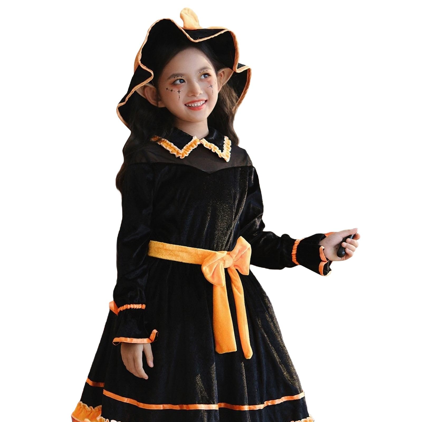 Costume di Halloween per bambini, set da strega, per cosplay, 6-16 anni | Set di quattro pezzi con vestito, cappello, mantello e scopa, finiture in pizzo, per carnevale e spettacoli scolastici
