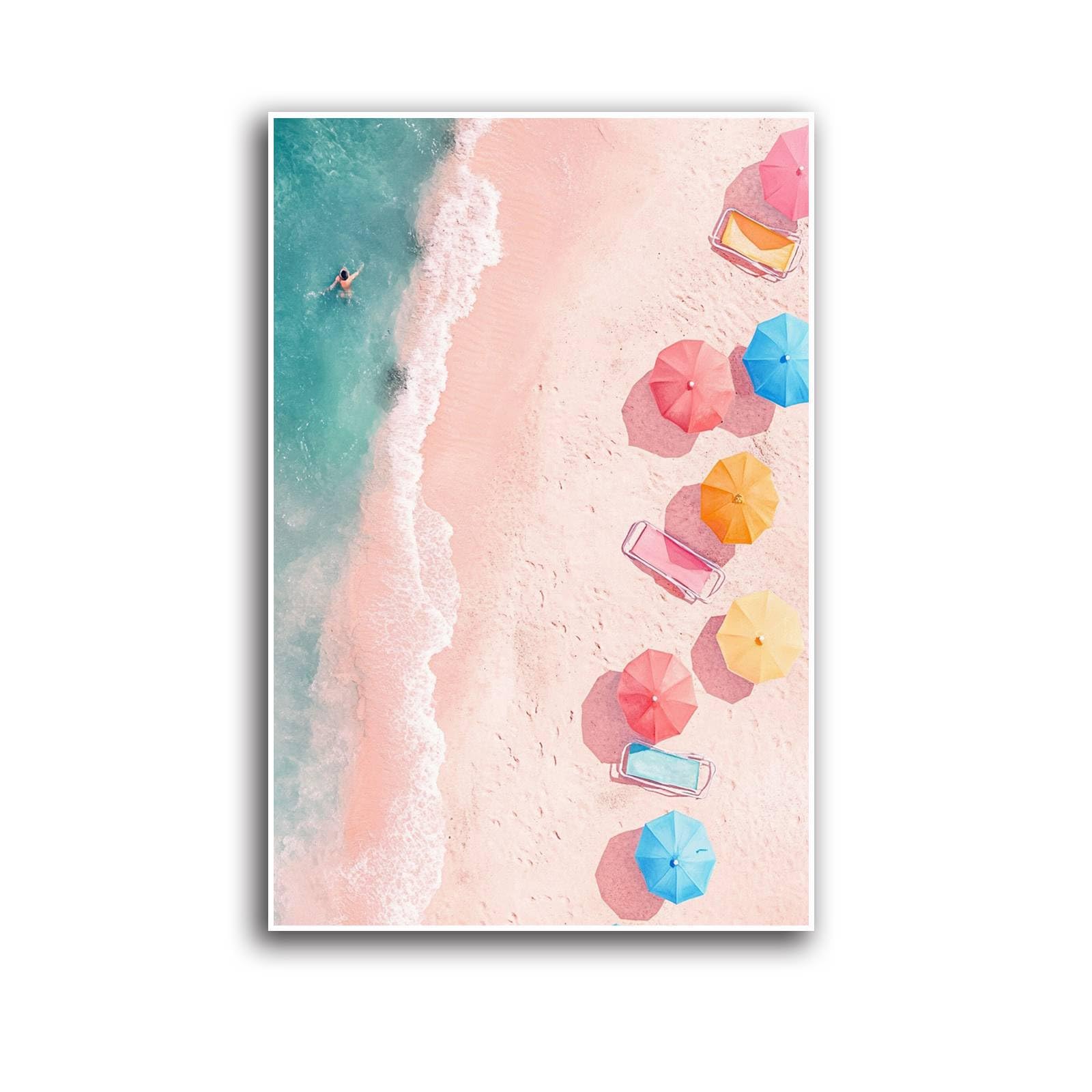Pink Blue Beachy Wall Art,Aesthetic Coastal Summer Poster,Beach Umbrella Room Decor,Trendy Ocean Print,Preppy Beach Scene Colorful 12x18in-Frameless