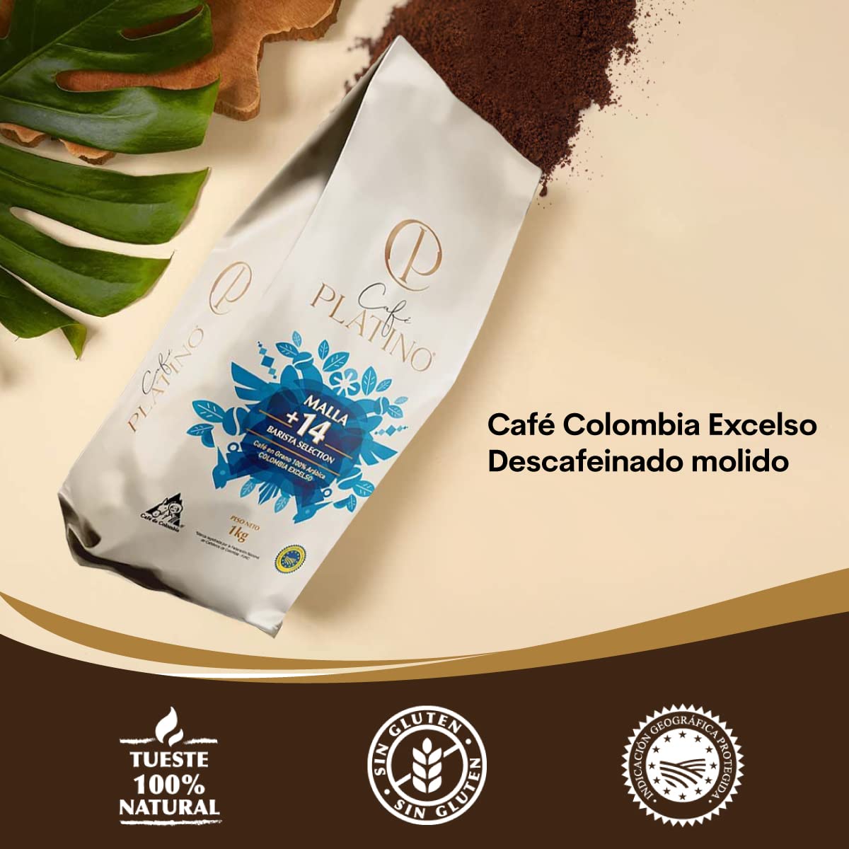 Café Platino - Café Descafeinado Molido Colombia Tostado 1Kg - Selección Excelso Certificado por la Federación Nacional de Cafeteros de Colombia - Malla +14