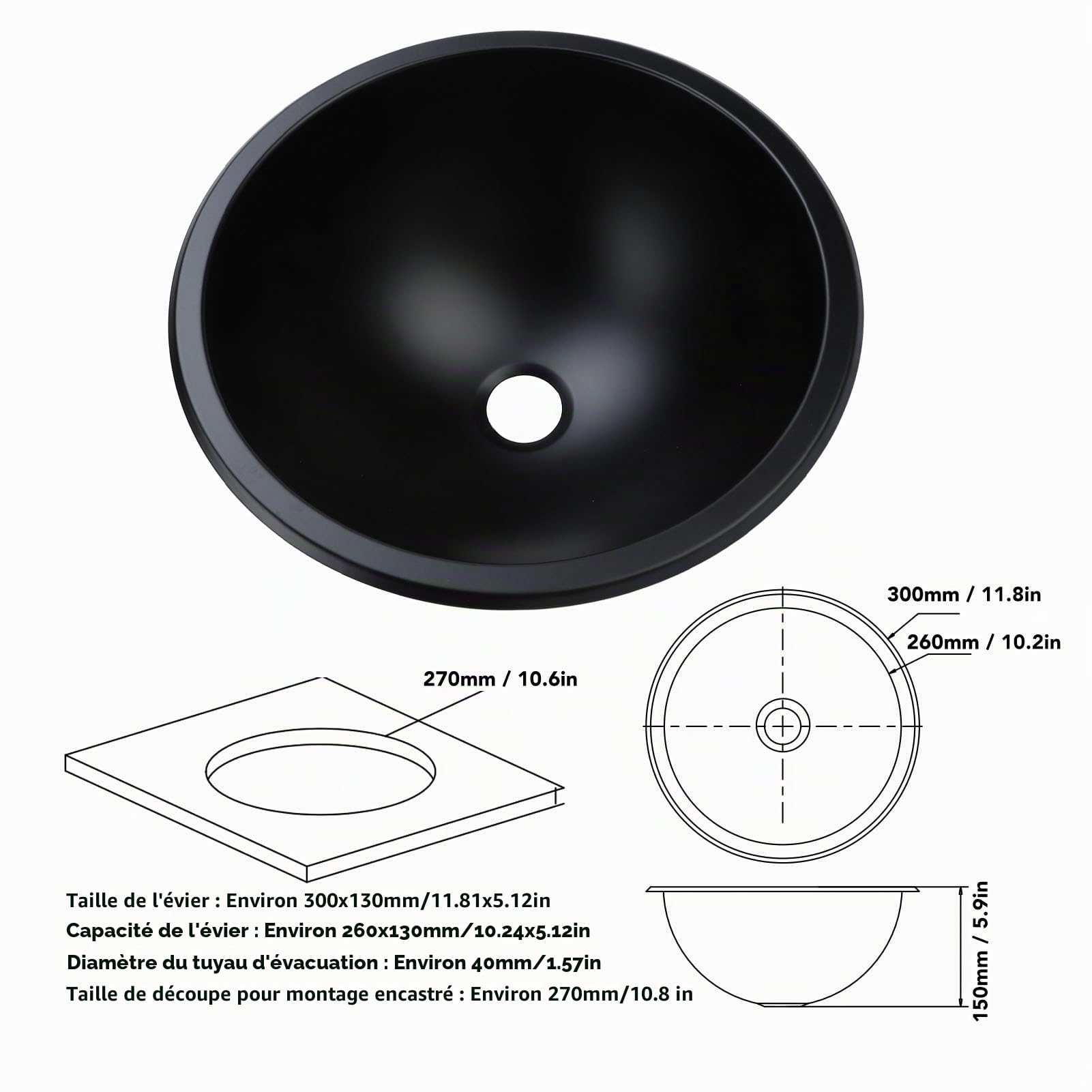 Évier Rond pour Camping-car en Acier Inoxydable, Petit évier de Cuisine Rond Noir pour Camping-car de 12, 5,9 de Profondeur, Évier de Barre de Cuisine pour Cuve Unique,