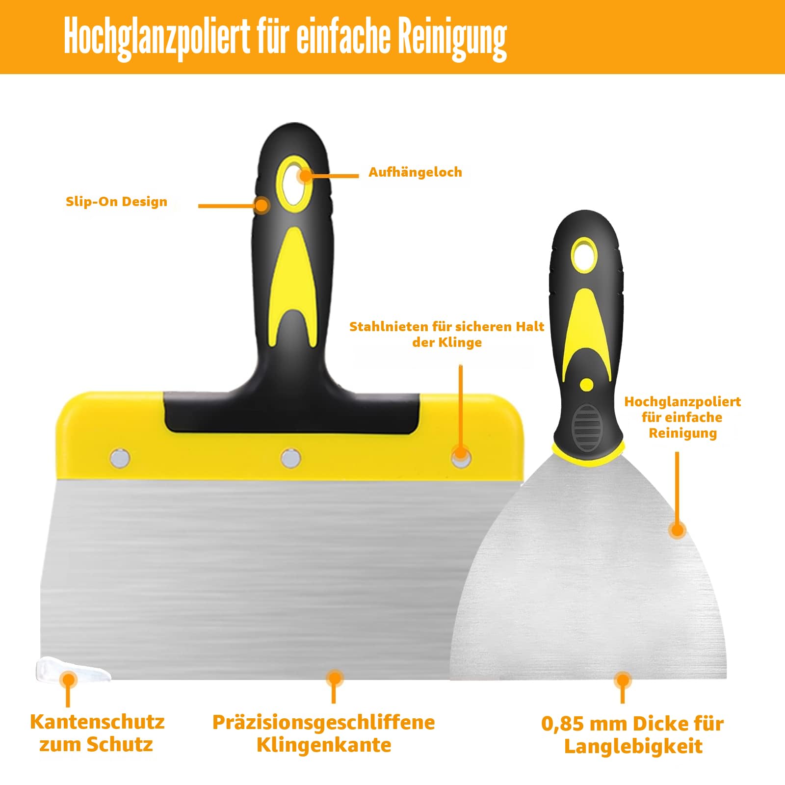 Spachtel Set, 8-teiliges Edelstahl Malerspachtel Set enthält Breite Spachtel, Tapeten Spachtel, Glättkelle und 30,5 cm Spachtelkasten mit ergonomischen Griff