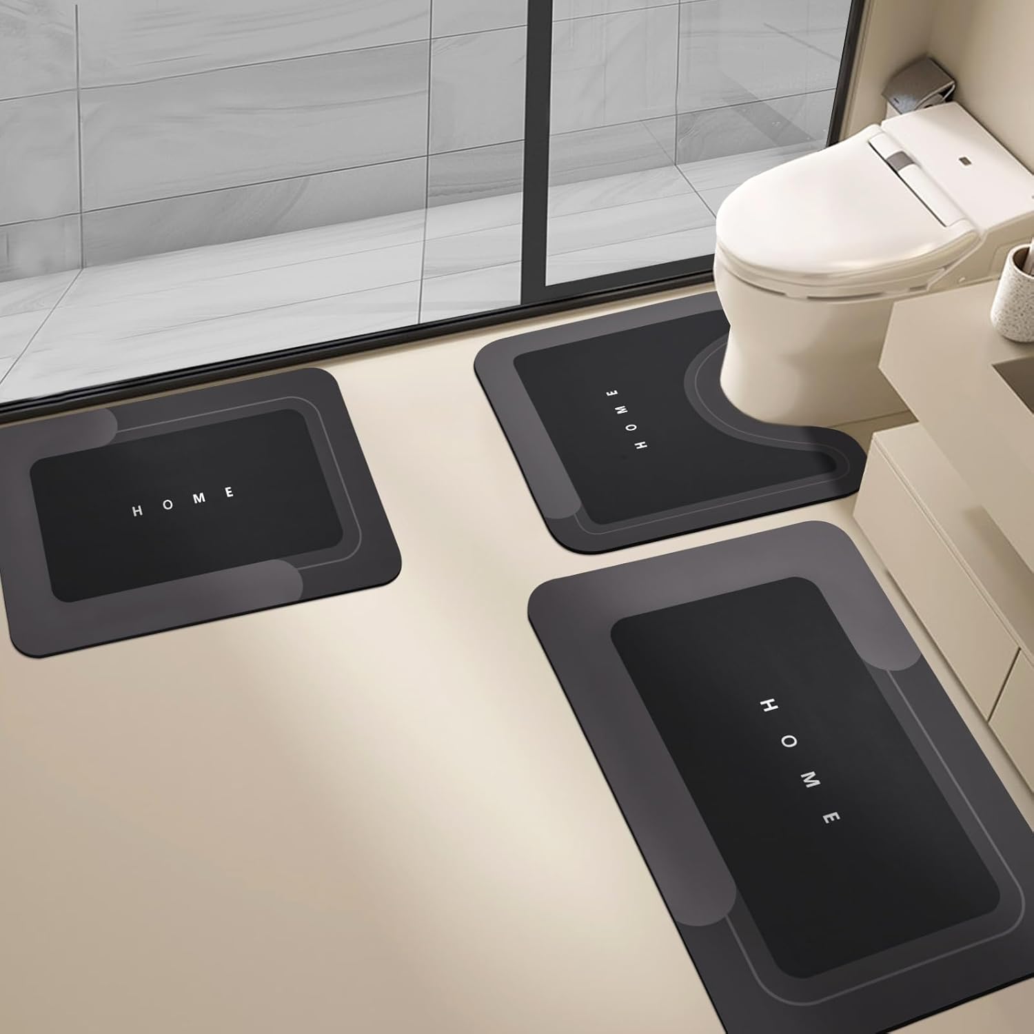 Photo 1 of 3PCS Absorbent Bath Mat Magic Rug Sets, Quick Drying Bath Mat Non-Slip Floor Rug Rubber Backed for Bathroom Kitchen Shower Sink (16.9''x23.6''+19.7''x23.6''+19.7''x31.9'', Black)