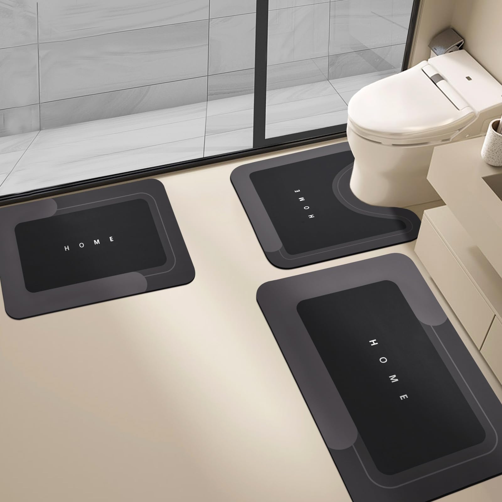 housego 3pcs absorbent bath mat magic rug sets, quick drying bath mat non-slip floor rug rubber backed for bathroom kitchen shower sink (16.9''x23.6''+19.7''x23.6''+19.7''x31.9'', black)