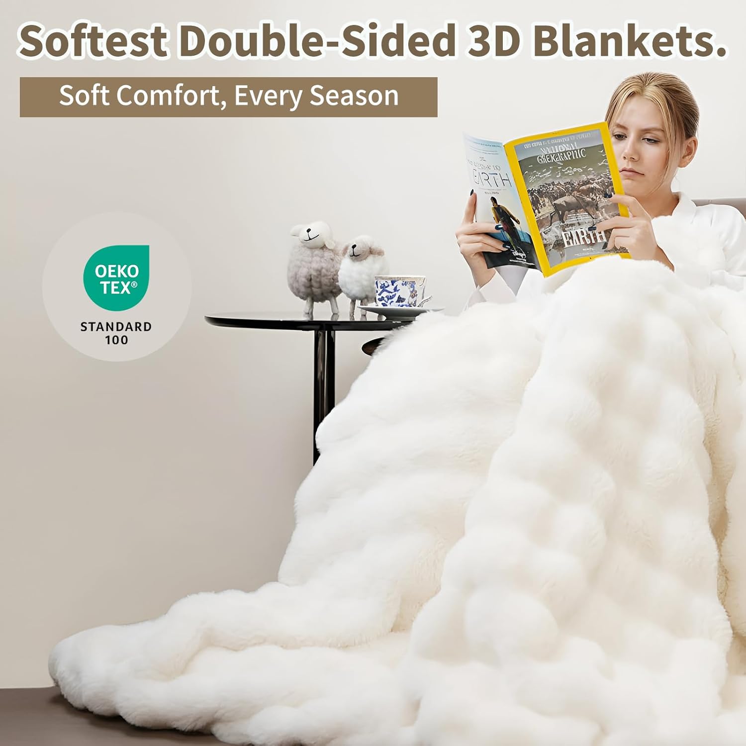 Luxury Double-Sided Faux Fur Throw Blanket for Couch 50"x60", Cozy Fluffy Plush Bubble Fleece Warm and Ultra Soft Thick Blanket for Sofa Bed Living Room Home Decor, Cream White - Image 2