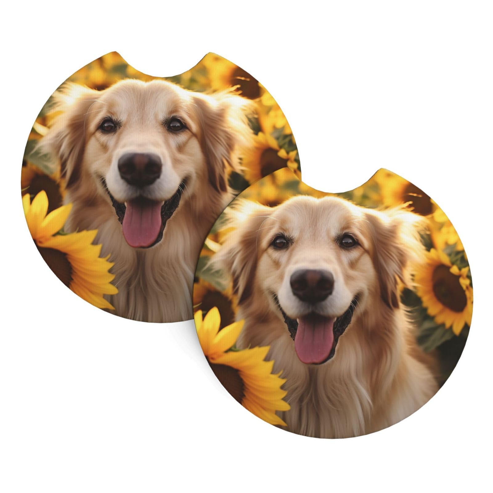 2PCS Car Coaster for Cup Holders Universal Auto Cup Mat Dog and Sunflower Cup Coaster Pad 2.7" Waterproof Neoprene Non-Slip Cup Holder Coasters Car Interior Accessories for Women Men