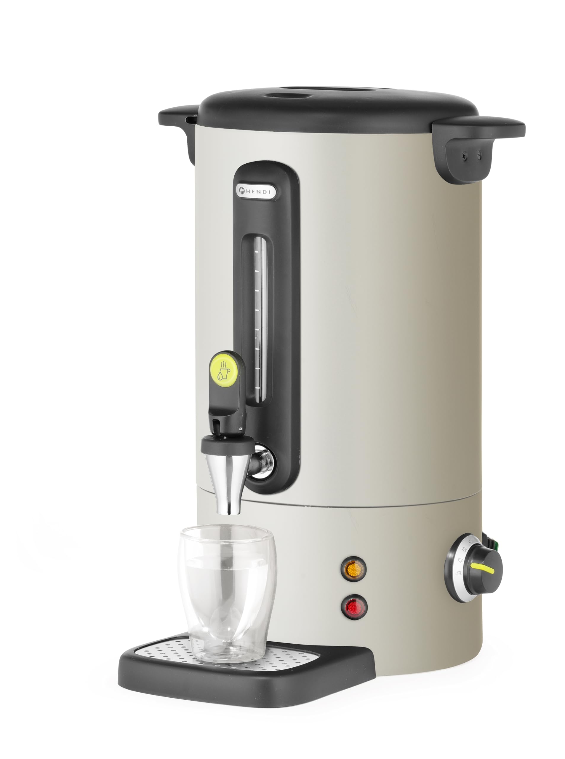 HENDI Bollitore per bevande calde 9L UNIQ, dispenser acqua calda con parete singola, per vin brulè e acqua bollente, fino a 100°C, 230V, 50/60Hz, 950W, 307x330x(H)450mm, bianco sporco, Inox, PP