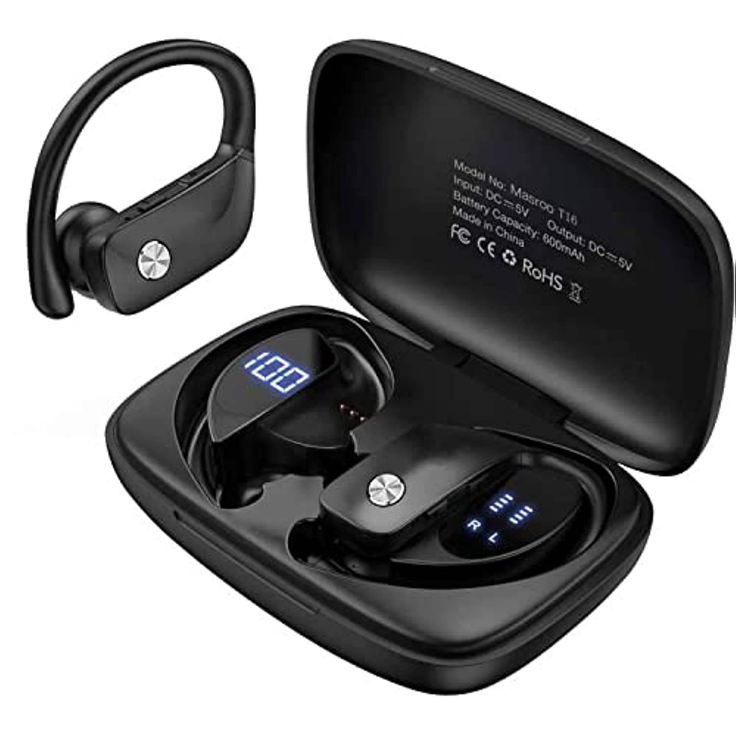 Masroo Wireless Earbuds Bluetooth Headphones 48hrs Play Back Sport Earphones with LED Display Over-Ear Buds with Earhooks Built-in Mic Headset for Workout Black
