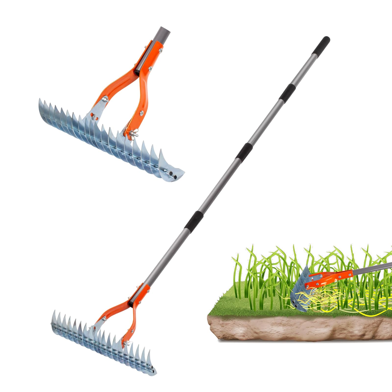 Râteaux de chaume de 177,8 x 38,1 cm avec dents en acier et poignée robuste, râteau scarificateur, râteau de jardin, râteau pour jardinage, râteau robuste, outil de jardin efficace pour enlever les