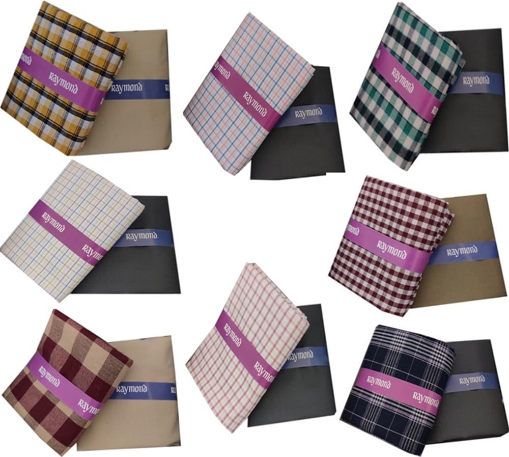 raymond fabrics Raymond Men's Premium Cotton Shirt & Trouser Fabric Set, Multicoloured Checkered and Striped Patterns, Pack of 8-picture-34