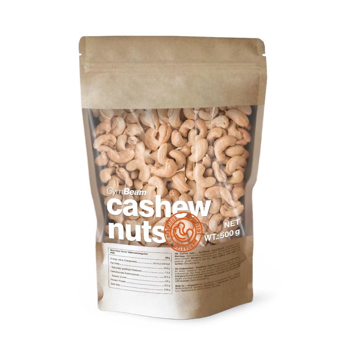 GymBeam Cashewkerne (naturbelassen) - Nüsse Großpackung, Cashewnüsse mit köstlichem Buttergeschmack, gesunde Fette, ohne Salz und Zusatzstoffe, für einen optimalen Cholesterinspiegel (500 g)