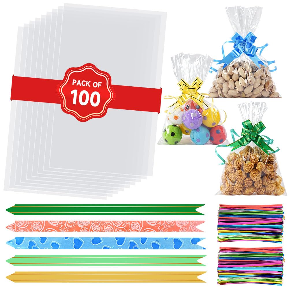 100 Sacchetti in Cellophane Trasparente 14x20 cm, Sacchetti Trasparenti per Alimenti con 100 Fiocchi e Lacci Intrecciati per Caramelle, Biscotti e Altre Confezioni Regalo
