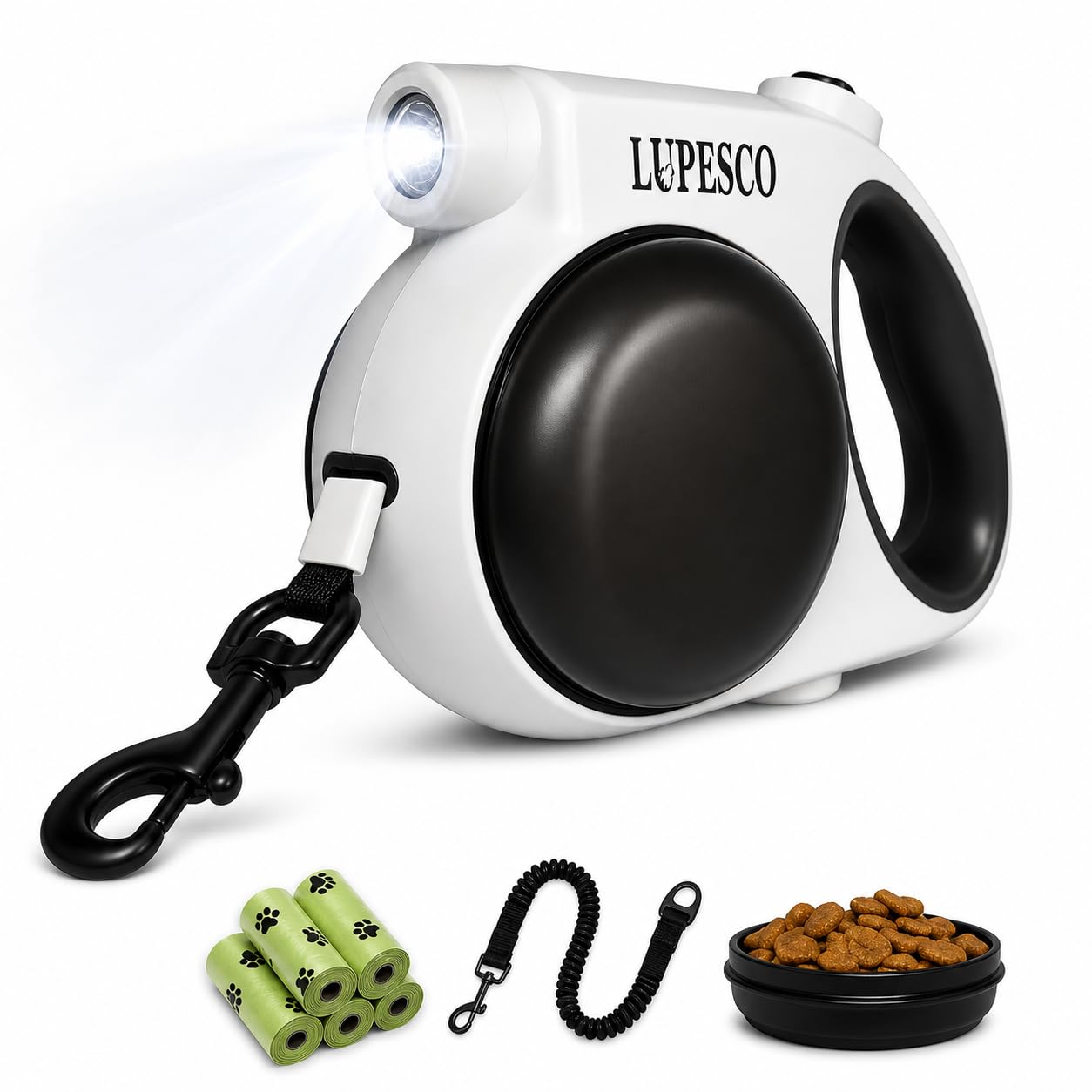Einziehbare Hundeleine – 4 m lange verwicklungsfreie Leine mit Bungee-Verlängerung, LED-Taschenlampe, Doppelnäpfe für Futter und Wasser, Kotbeutelspender (inklusive 5 Rollen) – für