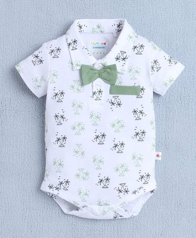 Image of BUMZEE Baby Boys Regular Fit Half Sleeves Collar Neck Cotton Bodysuit & Short Set With Bow Suspender & Cap