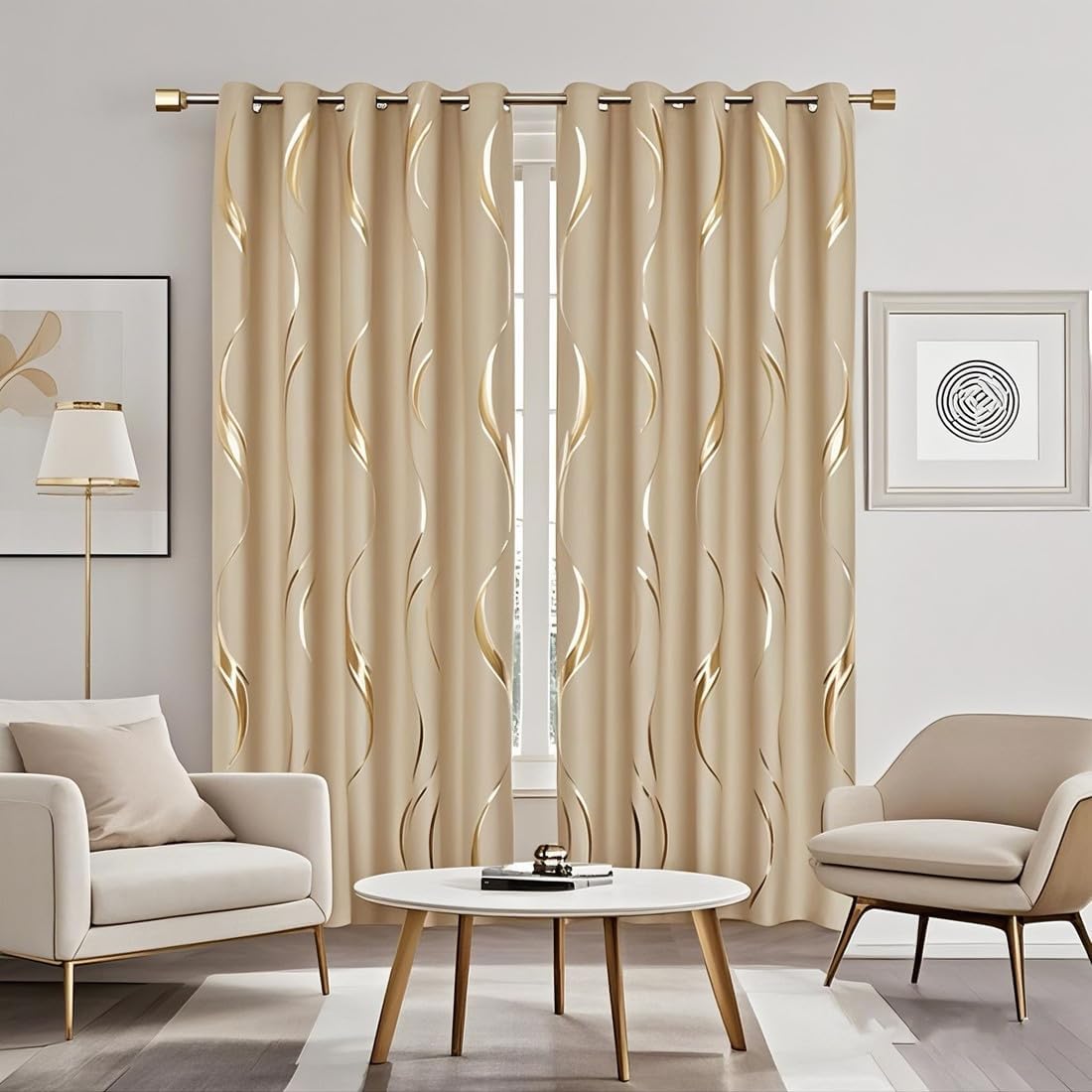 MYRU 2 Panels Set Luxury Striped Blackout Curtains for Bedroom Living Room (Khaki and Gold, 2 x 66x90 Inch) - Image 2