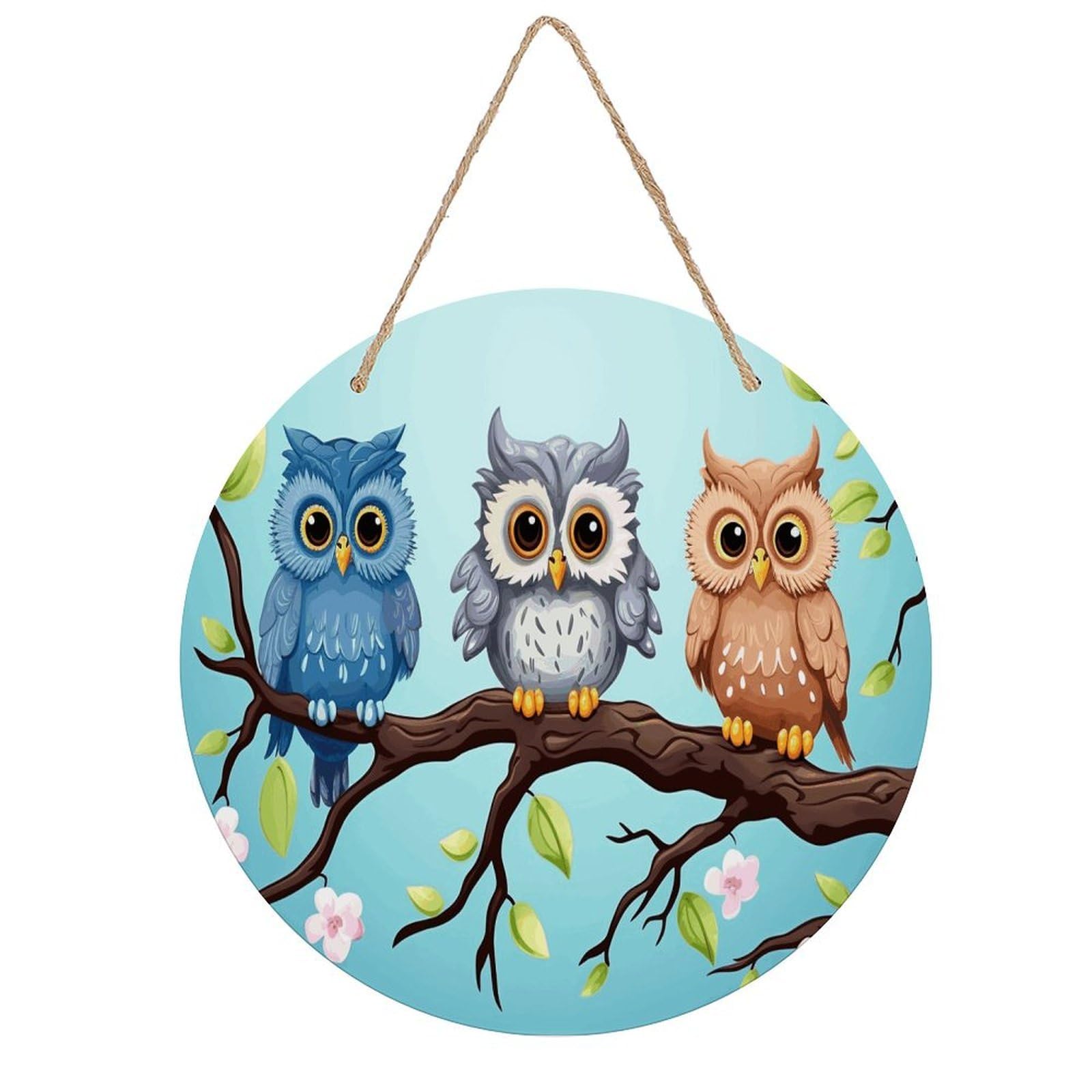 VstaDank Owls on A Branch Wall Art Decor with Ropes Wooden Hanging Sign Hanging Wall Decor Artwork Round Wood Painting Modern Wall Prints Decor Picture for Office Bar Home Decors