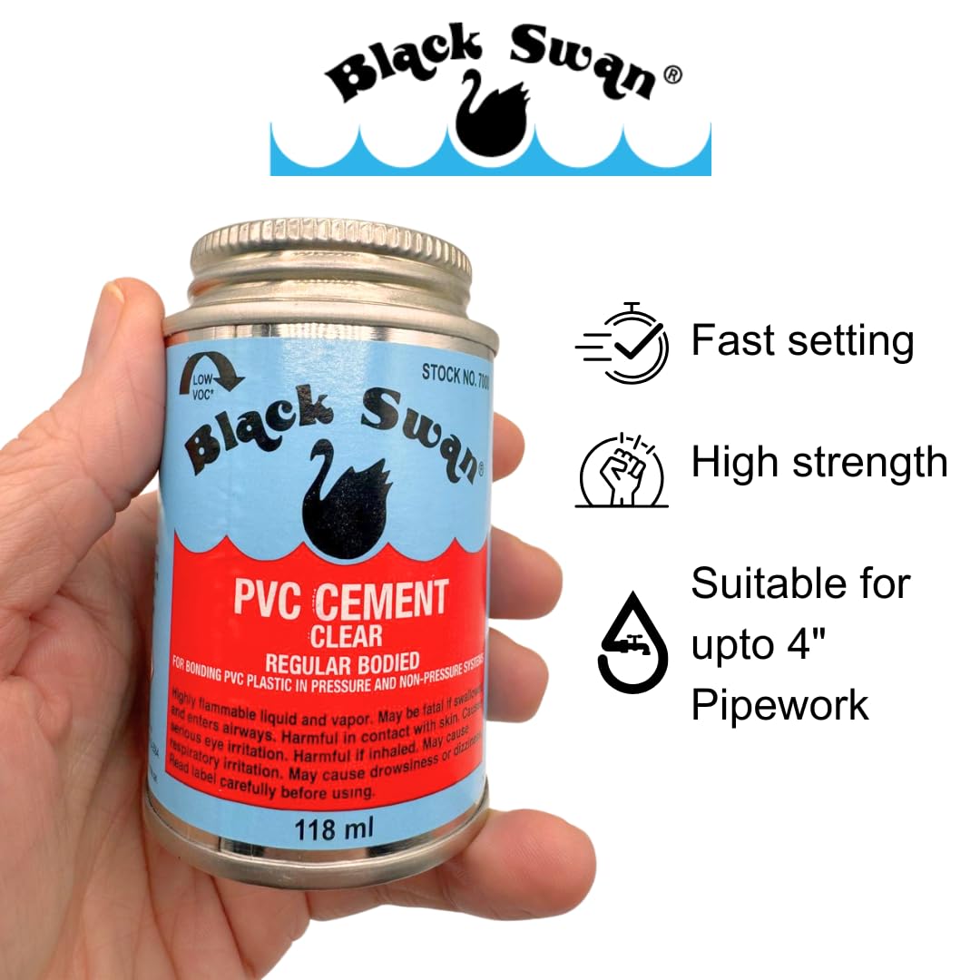 Cemento de PVC Black Swan – Cemento disolvente transparente para tuberías de PVC de hasta 4 pulgadas (110 mm) – Adhesivo de acción rápida, cuerpo regular, secado rápido para juntas fuertes y a prueba