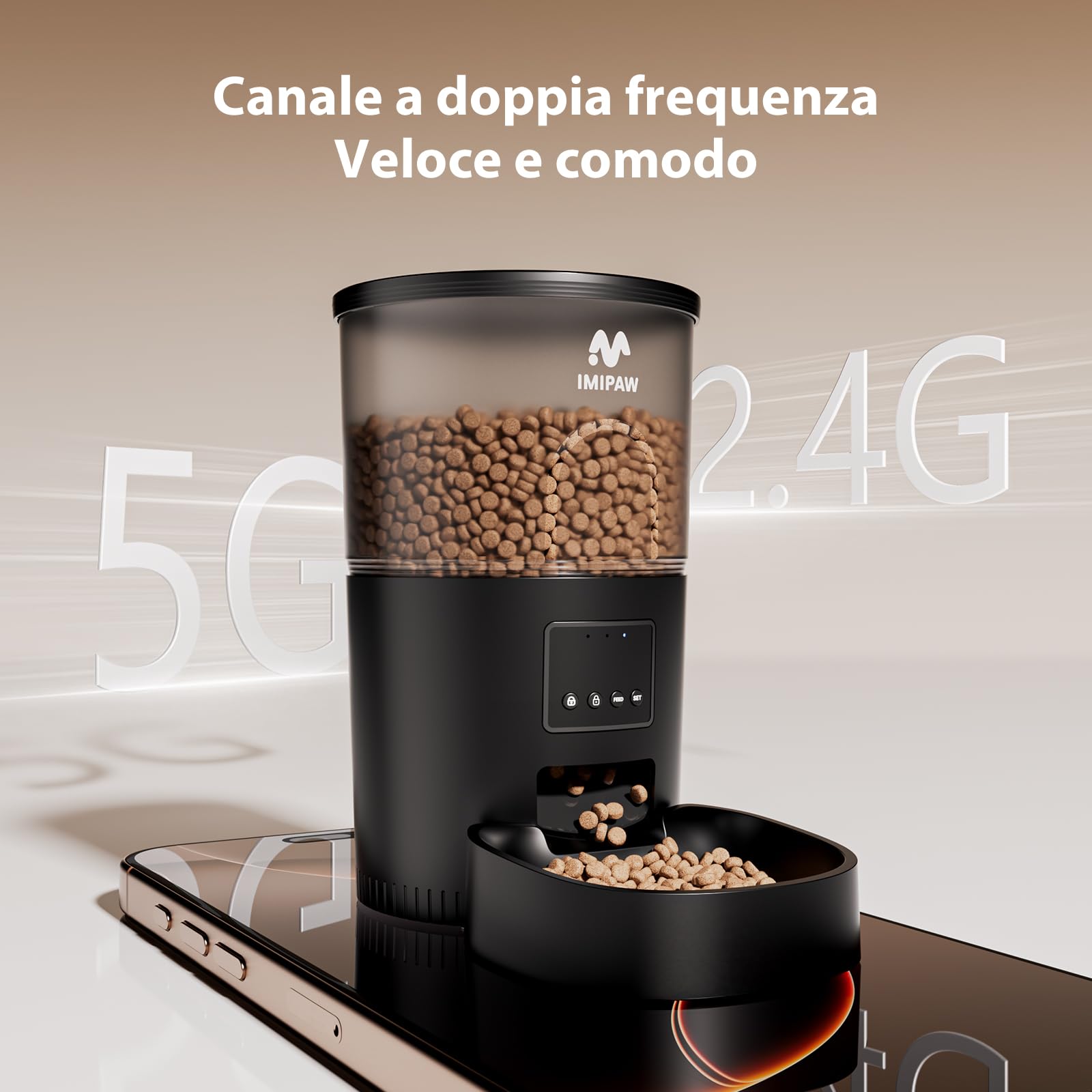 IMIPAW Distributore Automatico Cibo Gatti, Controllato da APP, 5G/2.4G WiFi Alimentazione a Distanza, 10 Pasti al Giorno, 3L Dispenser Cibo Secco per Animali Di Piccola e Media Taglia