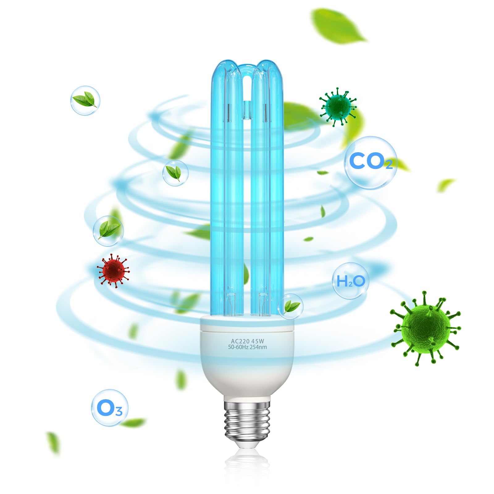 Lámpara de Desinfección de Ozono 45W,Lámpara de Desinfección UV E27, Germicida con Luz de Ozono,Perfecta para Escuela,Hotel,Hospital,Laboratorios,Oficina,Cantina