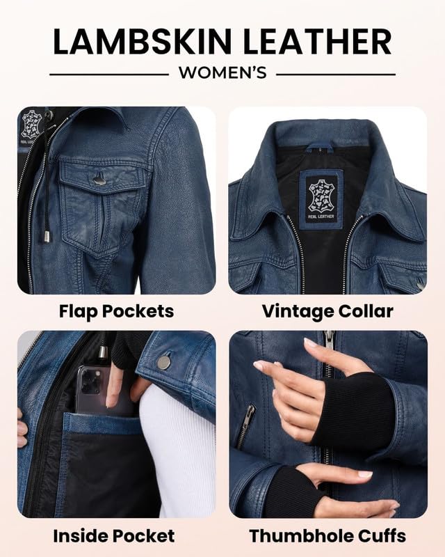 Image of Womens Leather Jacket with Detachable Hood - Real Lambskin Bomber Jacket Thumbholes Women