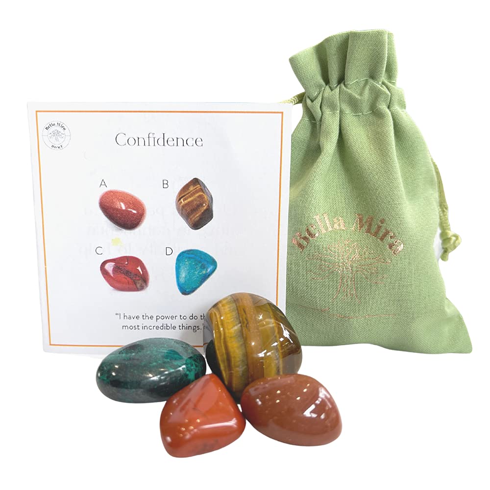 BellaMira Lifestyle Accessories Confidence Crystals - UK Designed 4 Stone Premium Selection for Intuition, Energy, Integrity, Nurture Comes with Gift Pouch, Wellness Guide & Info Booklet