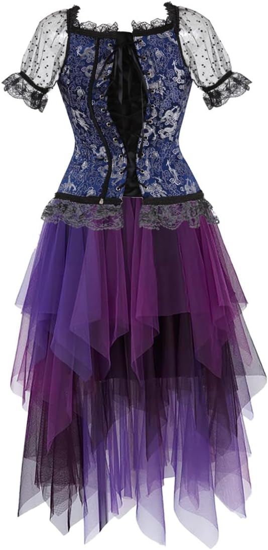 Jutrisujo Princess Corset dress for women bustier Multi Layer Skirt Tulle set with straps gothic floral lace trim plus size