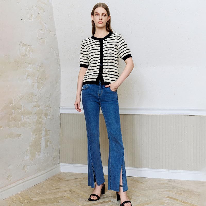 Womens Short Sleeve Summer Cardigan Button Down Sweater Casual Crew Neck Striped Top Trendy3